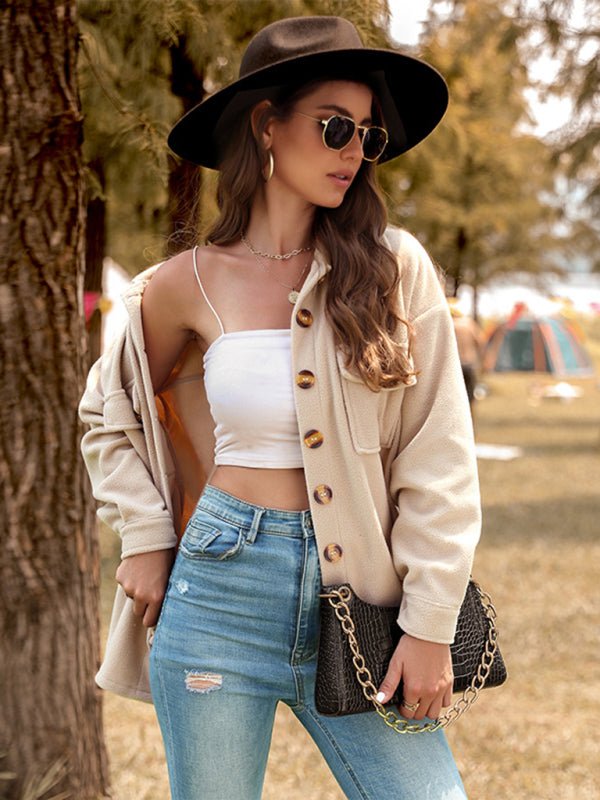 Fashion women's autumn and winter new solid color long - sleeved polar fleece jacket - Outerwear