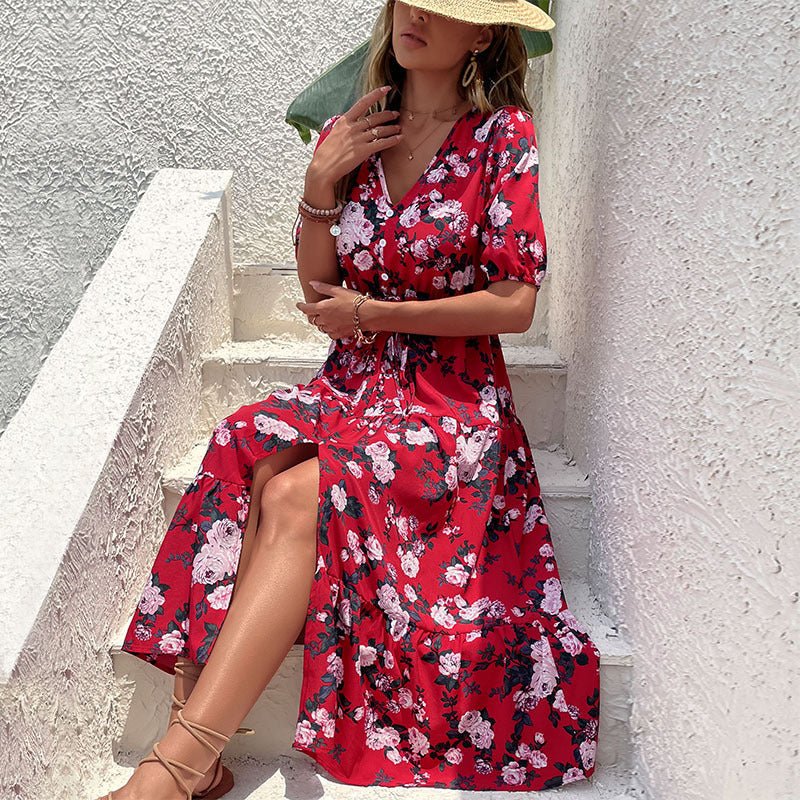 Fashion women's printed v - neck slit dress - Vacation Dress