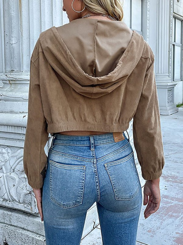 Fashion women's solid color hooded corduroy jacket - Outerwear