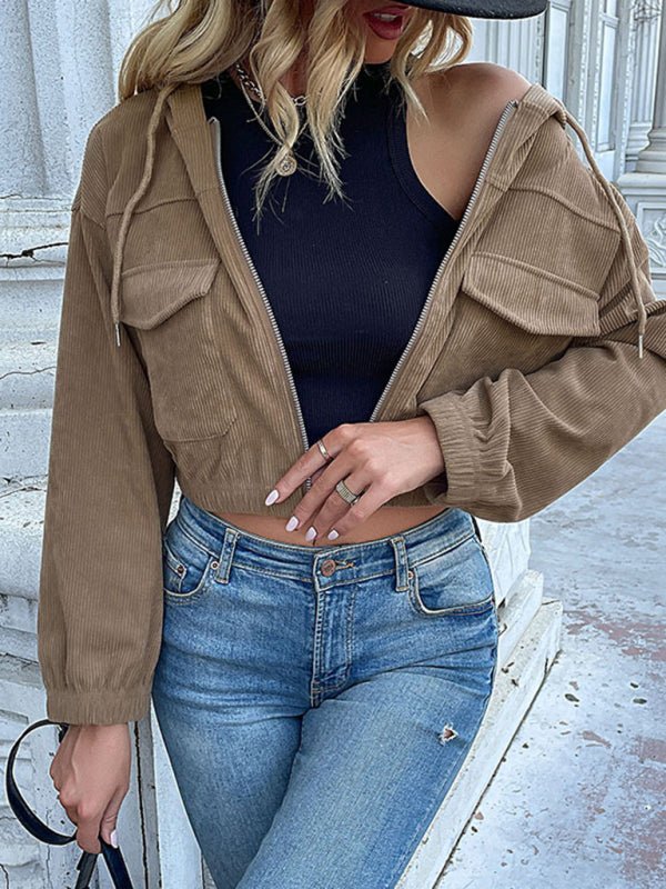 Fashion women's solid color hooded corduroy jacket - Outerwear