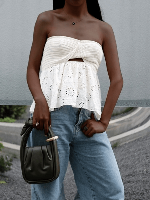 Fashionable casual knitted embroidered stitching holiday sexy tube top top - Top