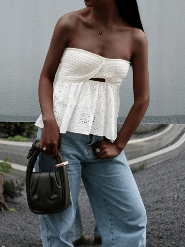 Fashionable casual knitted embroidered stitching holiday sexy tube top top - Top