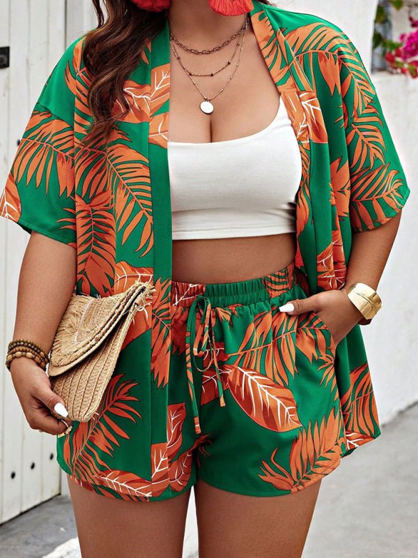 Fashionable printed casual resort style cardigan shorts suit - Short Suit