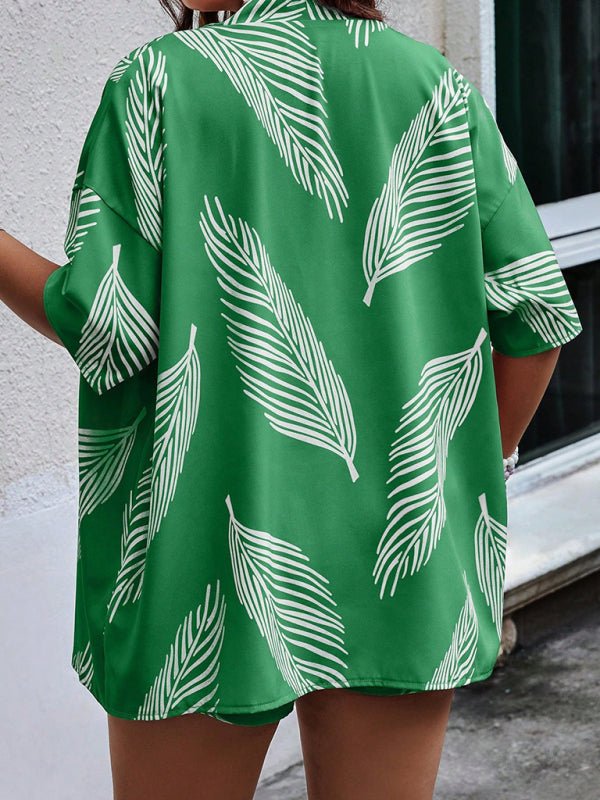 Fashionable printed casual resort style cardigan shorts suit - Short Suit