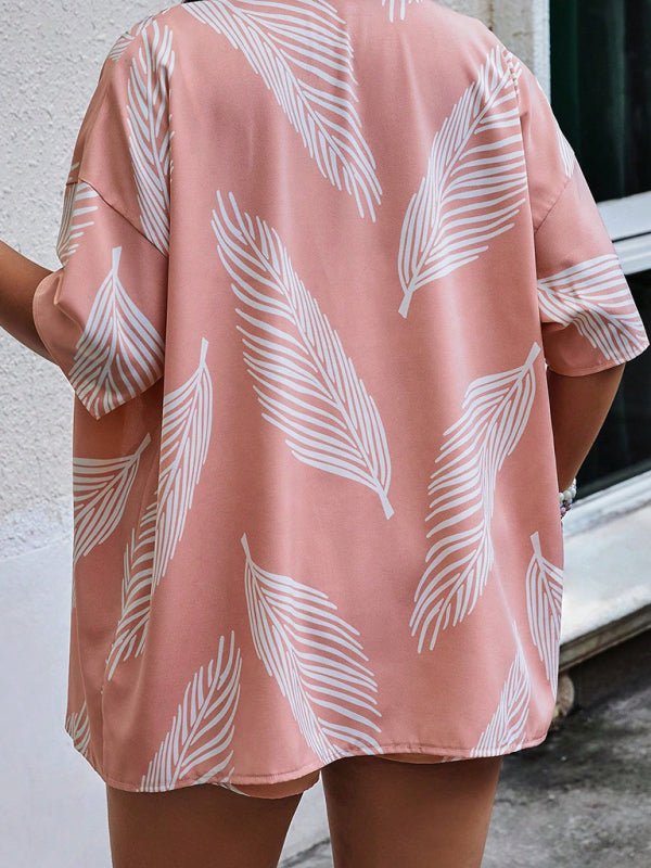 Fashionable printed casual resort style cardigan shorts suit - Short Suit