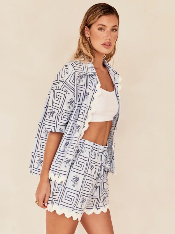 Fashionable Simple Cardigan Women's Wave Pattern Stitching Fashion Set (Vest Not Included) - Short Suit