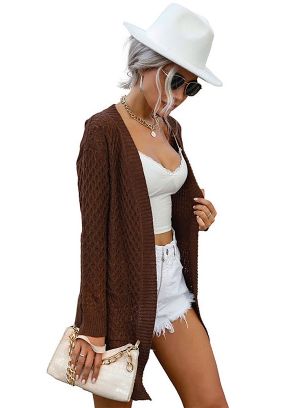 Fashionable women's solid color mid - length long - sleeved twist sweater cardigan - Outerwear