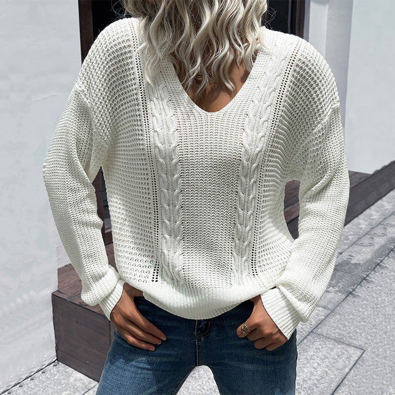 Fashionable women's white long sleeve v - neck twist sweater - Outerwear