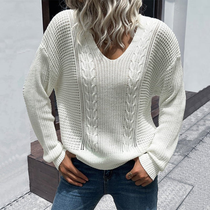 Fashionable women's white long sleeve v - neck twist sweater - Outerwear