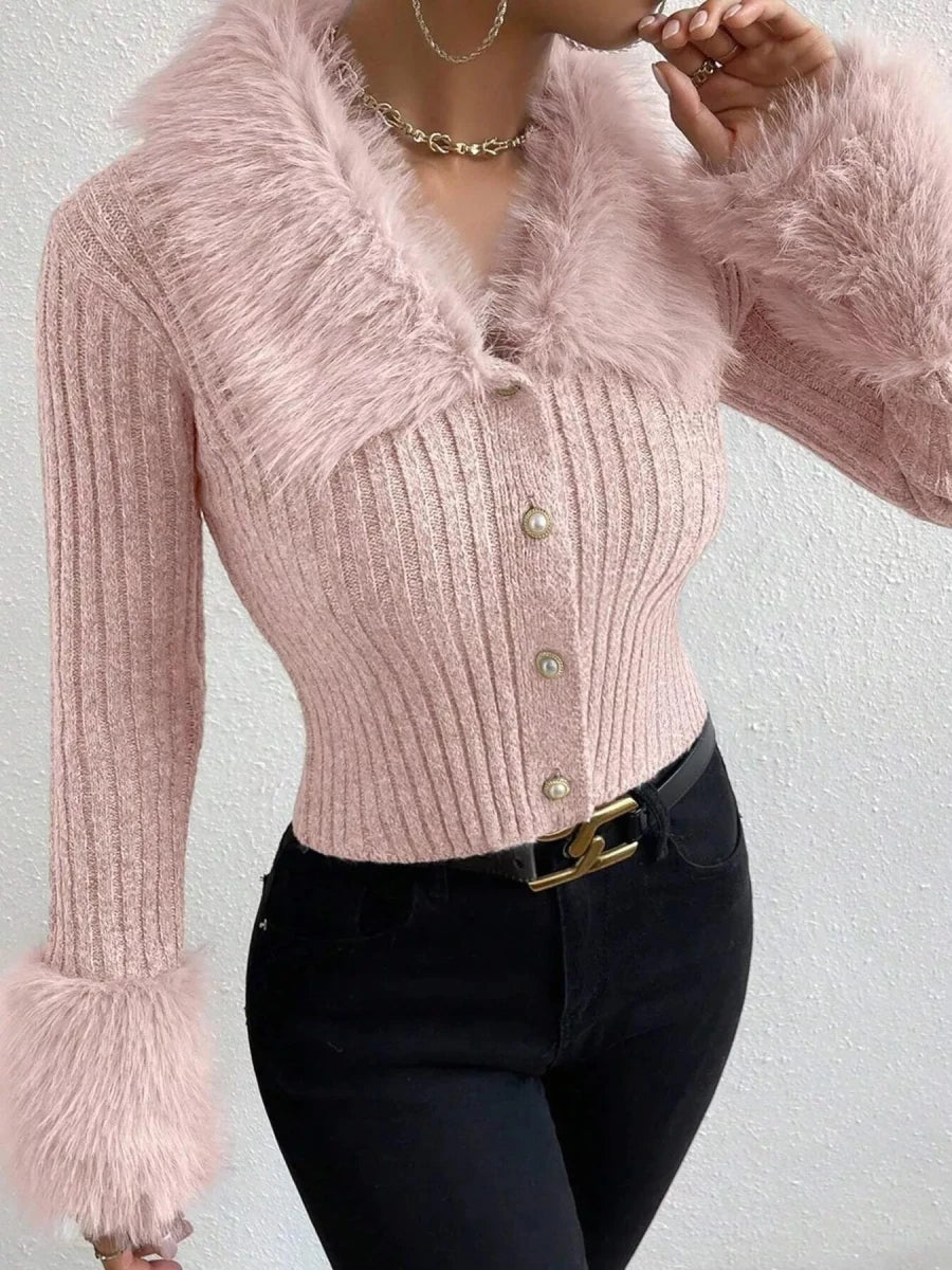 Faux Fur Trim Ribbed Knit Cropped Cardigan - 
