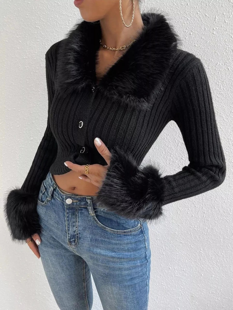Faux Fur Trim Ribbed Knit Cropped Cardigan - 