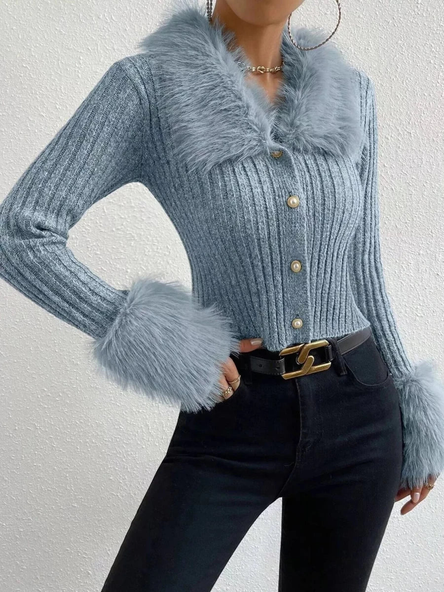 Faux Fur Trim Ribbed Knit Cropped Cardigan - 