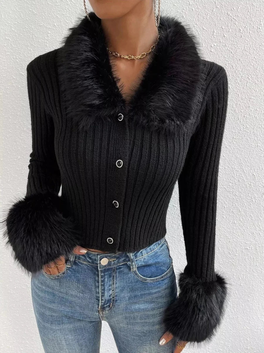 Faux Fur Trim Ribbed Knit Cropped Cardigan - 