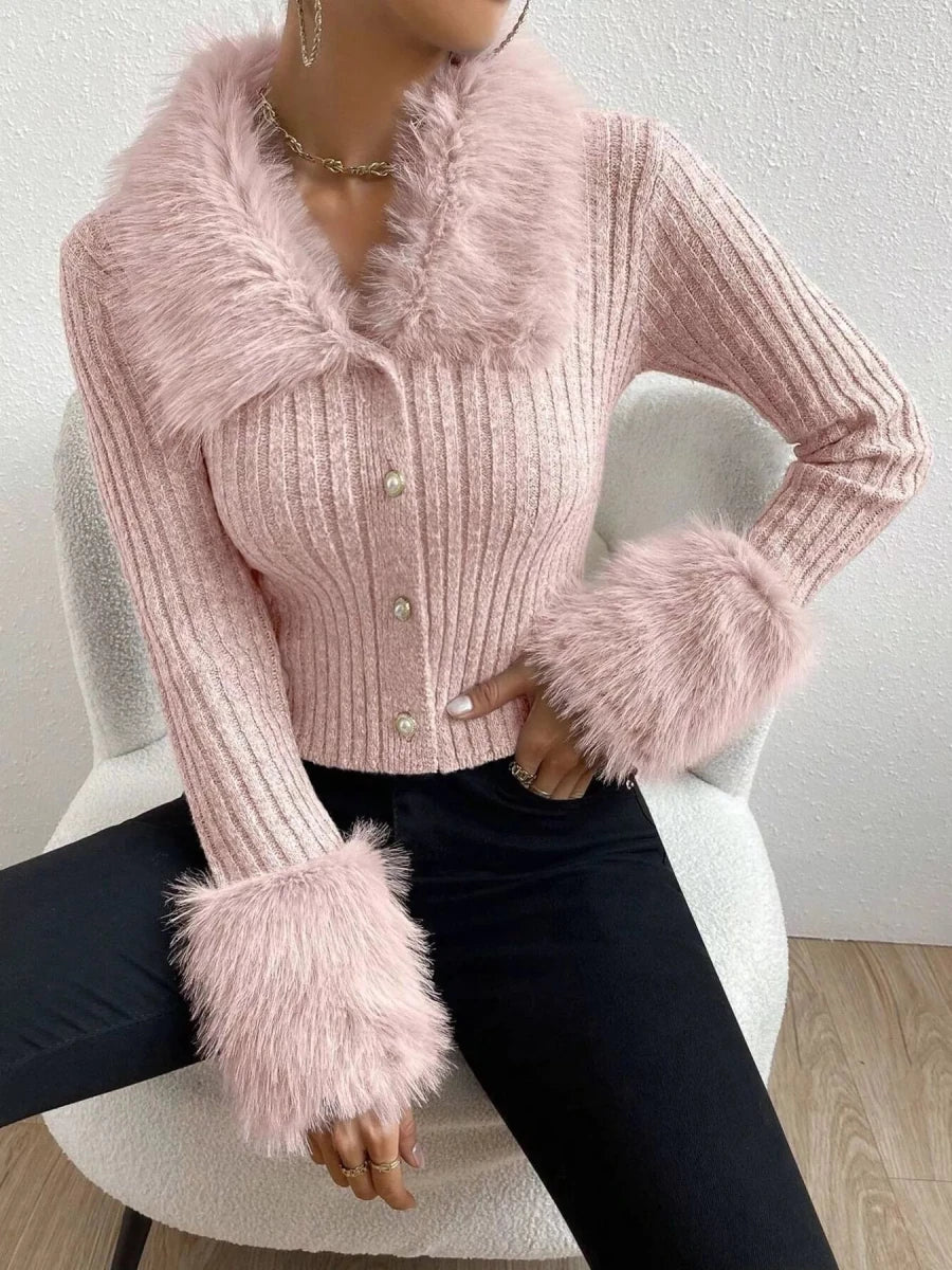 Faux Fur Trim Ribbed Knit Cropped Cardigan - 