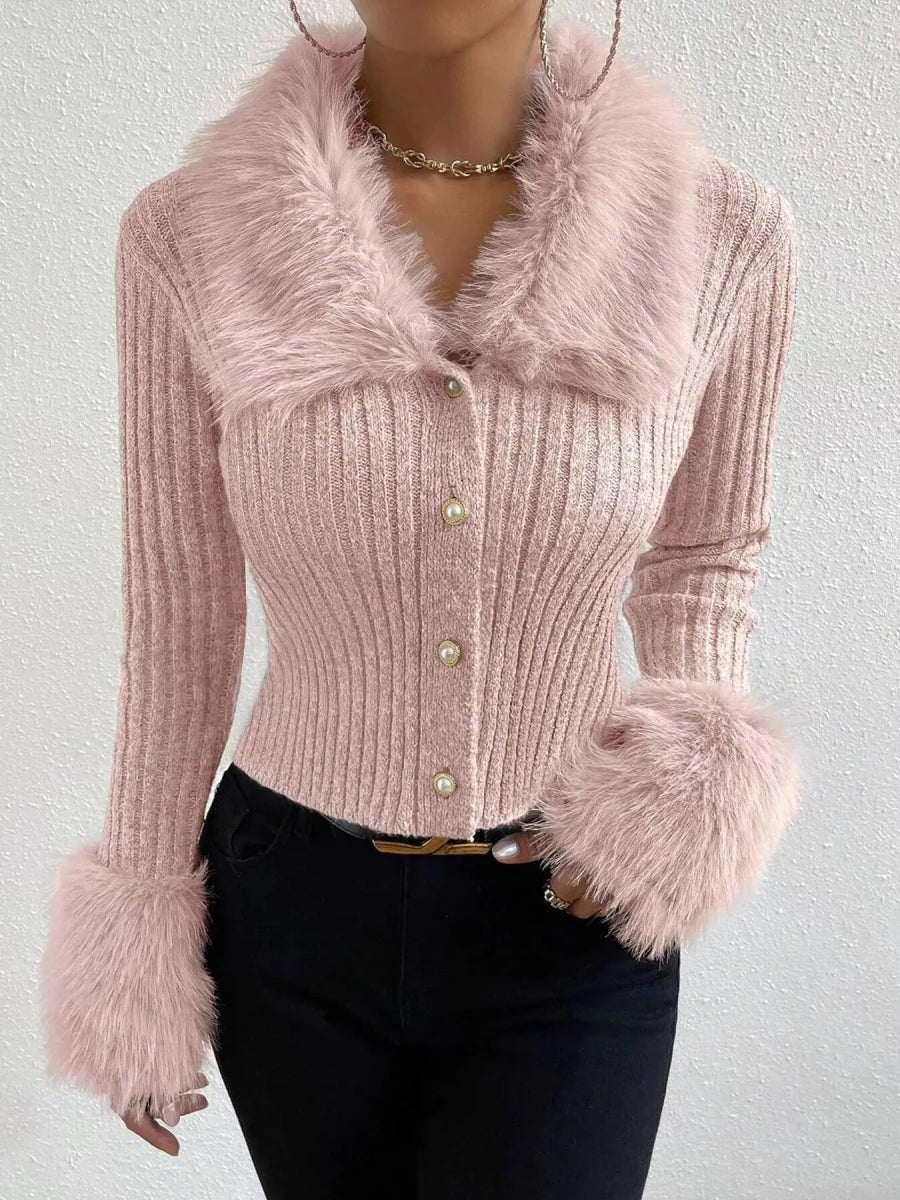 Faux Fur Trim Ribbed Knit Cropped Cardigan - 