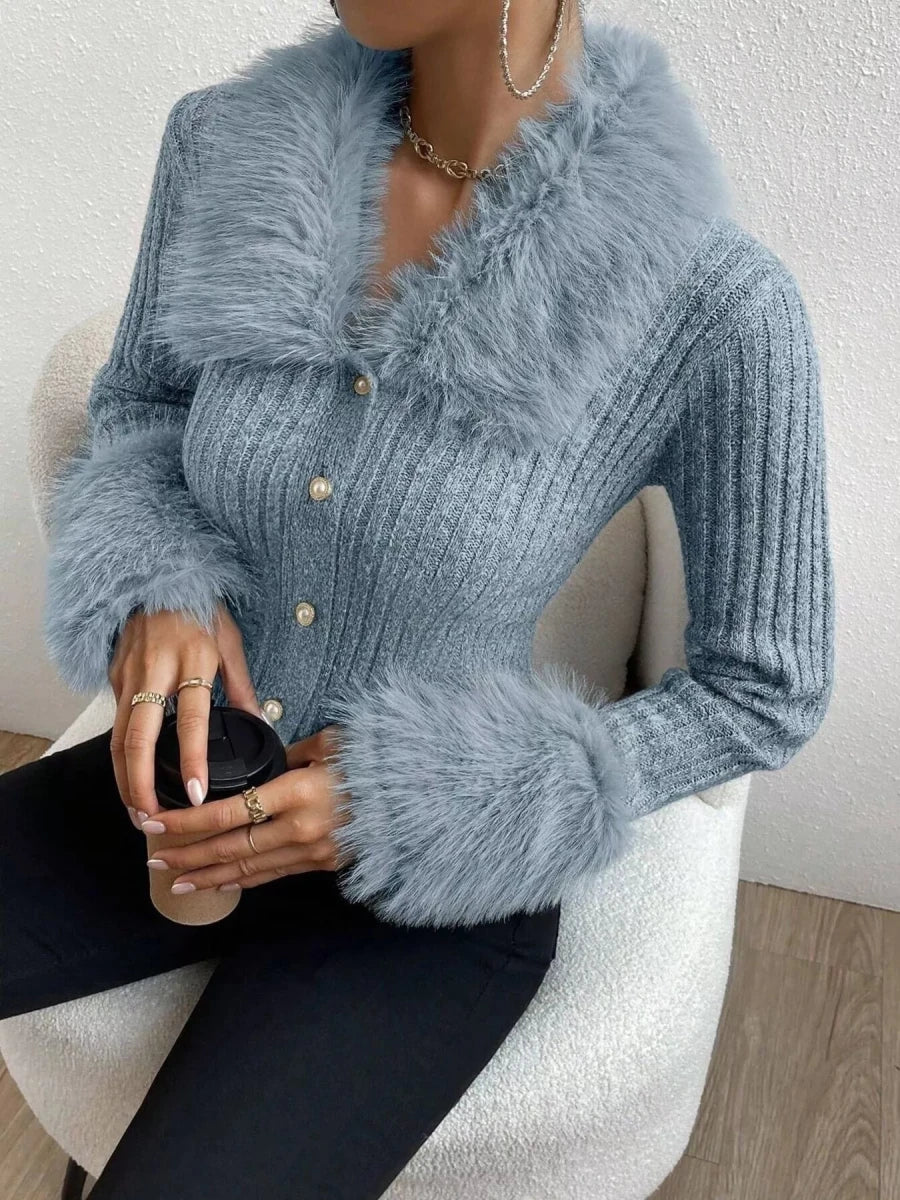 Faux Fur Trim Ribbed Knit Cropped Cardigan - 