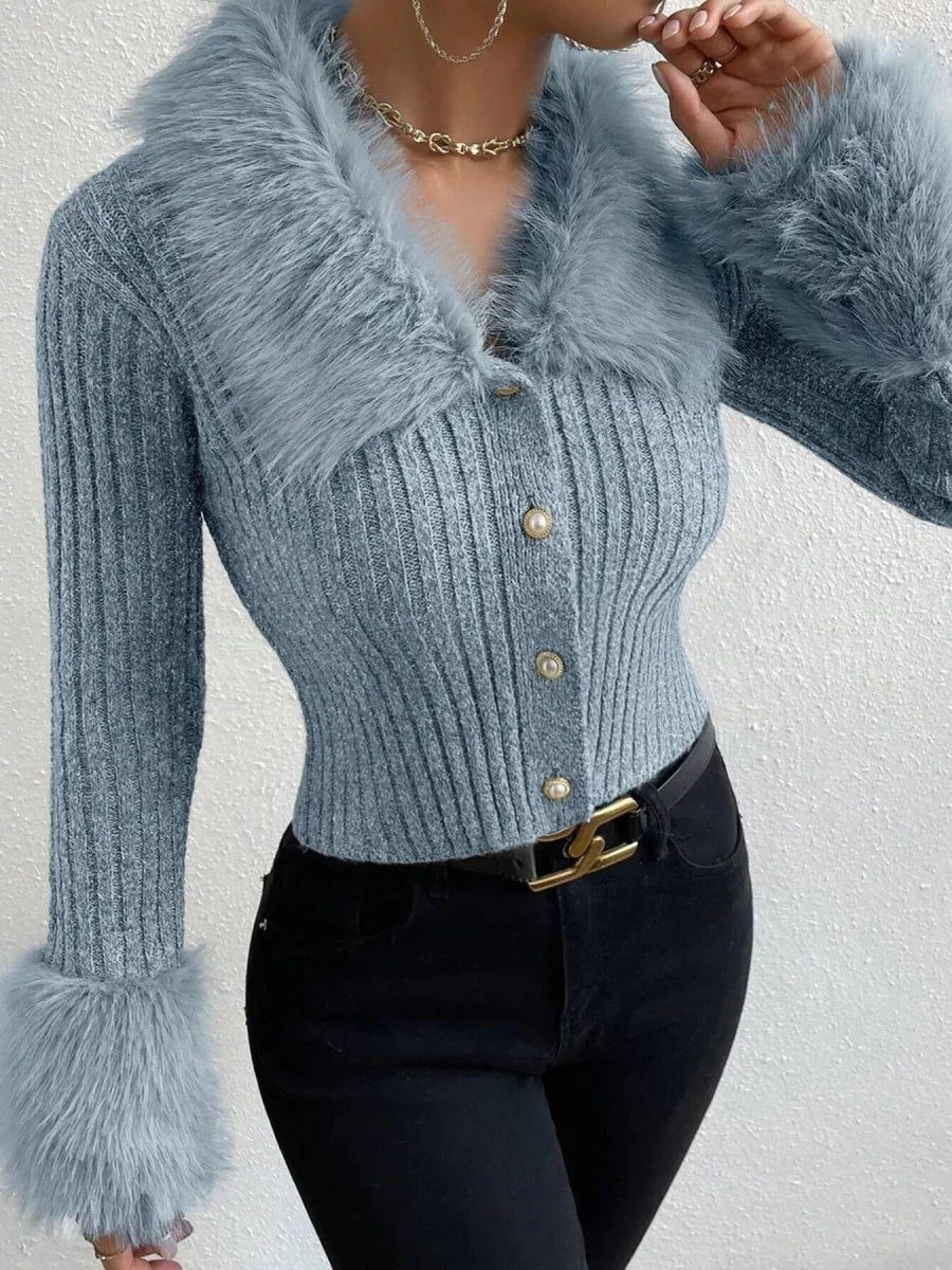 Faux Fur Trim Ribbed Knit Cropped Cardigan - 