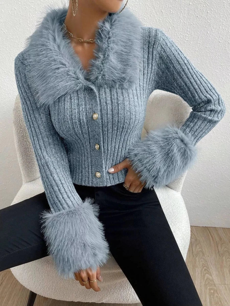 Faux Fur Trim Ribbed Knit Cropped Cardigan - 
