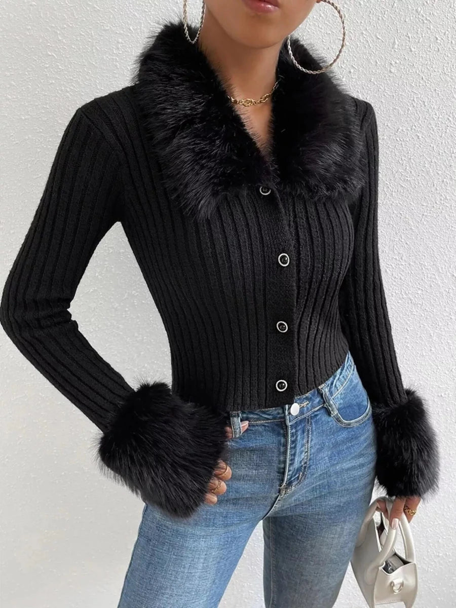 Faux Fur Trim Ribbed Knit Cropped Cardigan - 