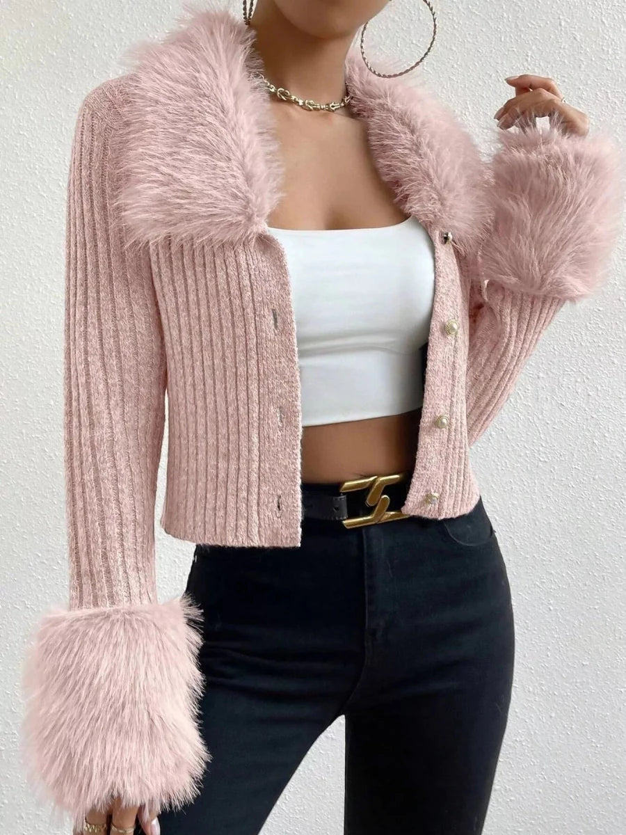 Faux Fur Trim Ribbed Knit Cropped Cardigan - 