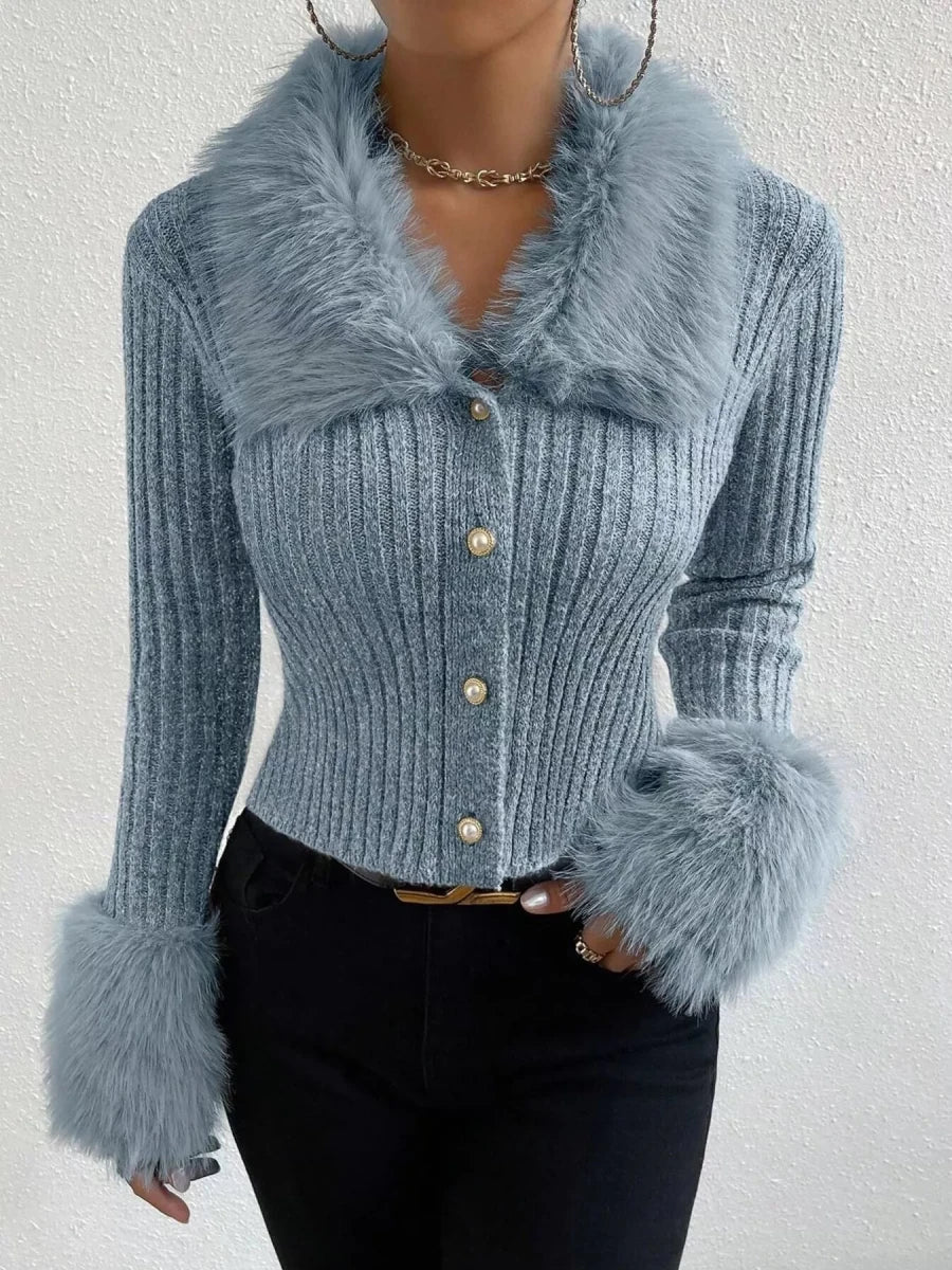 Faux Fur Trim Ribbed Knit Cropped Cardigan - 
