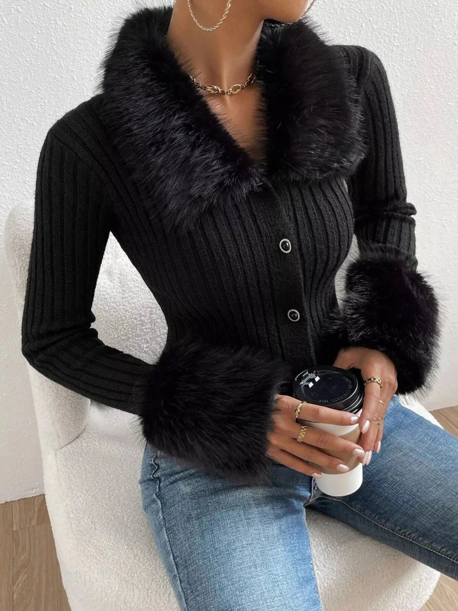 Faux Fur Trim Ribbed Knit Cropped Cardigan - 
