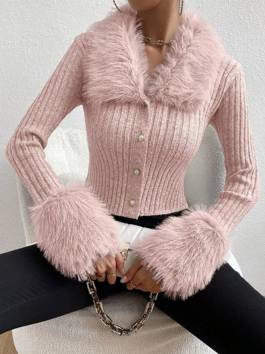 Faux Fur Trim Ribbed Knit Cropped Cardigan - 