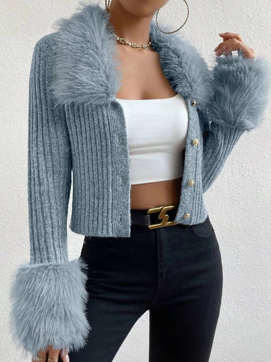 Faux Fur Trim Ribbed Knit Cropped Cardigan - 