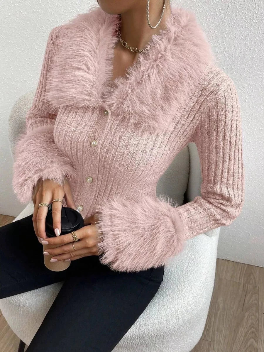 Faux Fur Trim Ribbed Knit Cropped Cardigan - 