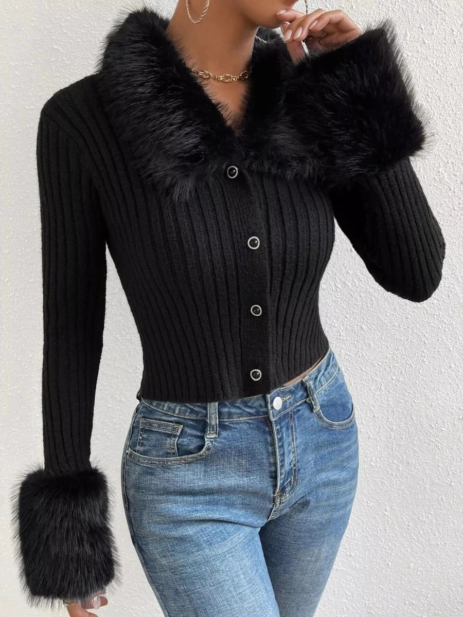 Faux Fur Trim Ribbed Knit Cropped Cardigan - 