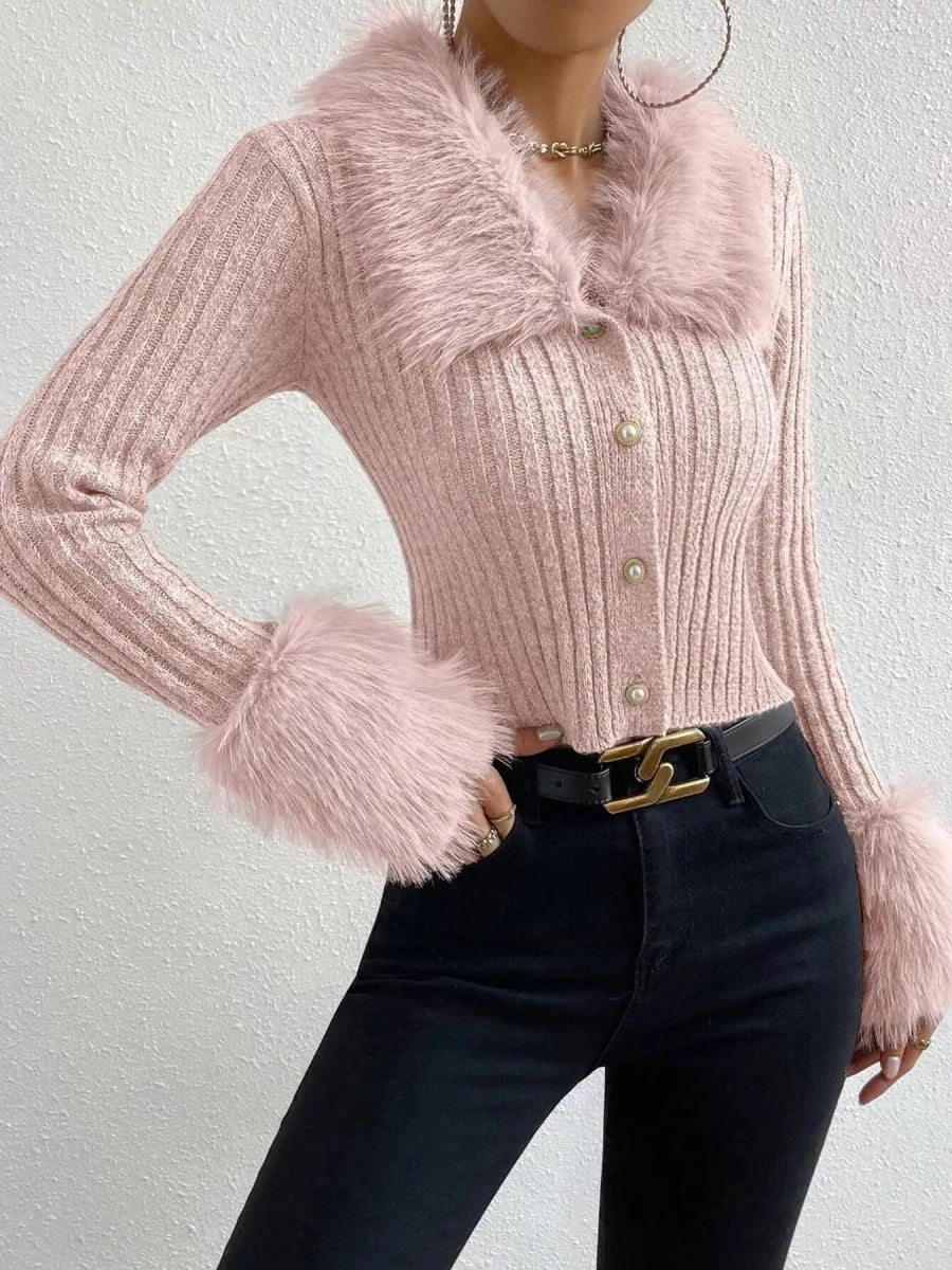 Faux Fur Trim Ribbed Knit Cropped Cardigan - 