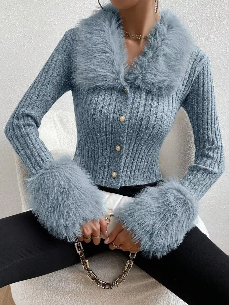 Faux Fur Trim Ribbed Knit Cropped Cardigan - 
