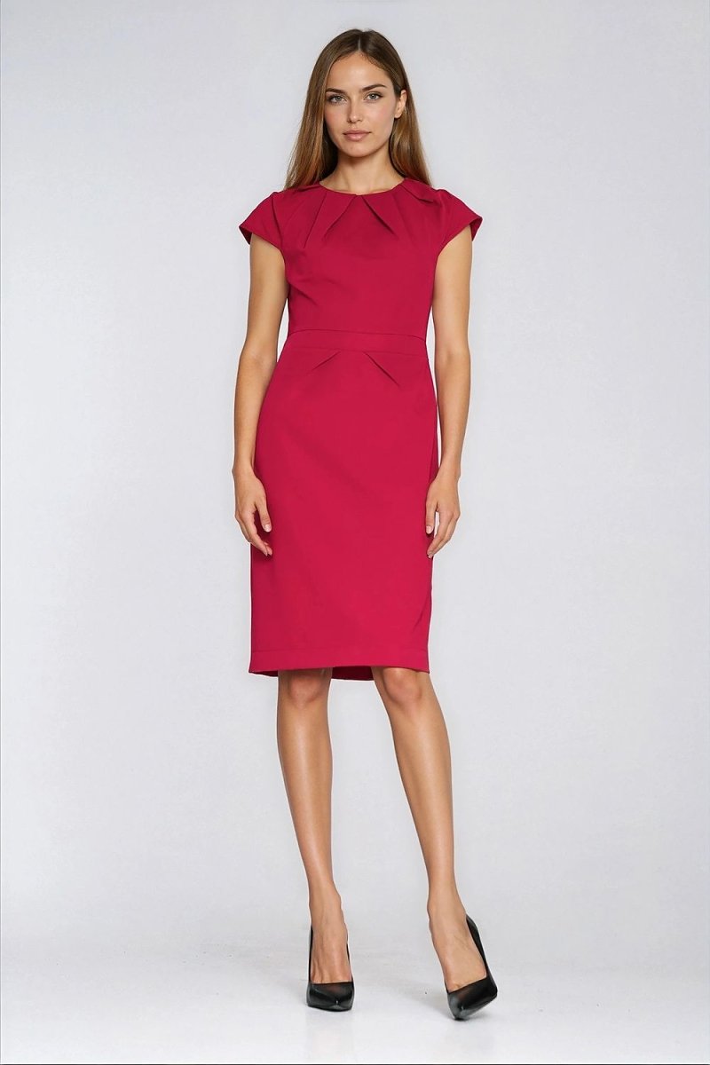 Fitted Knee - Length Dress with Round Neck - 