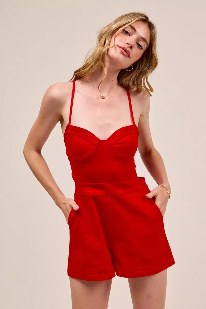 Fitted Open Back Romper with Lace - Up Detail - 