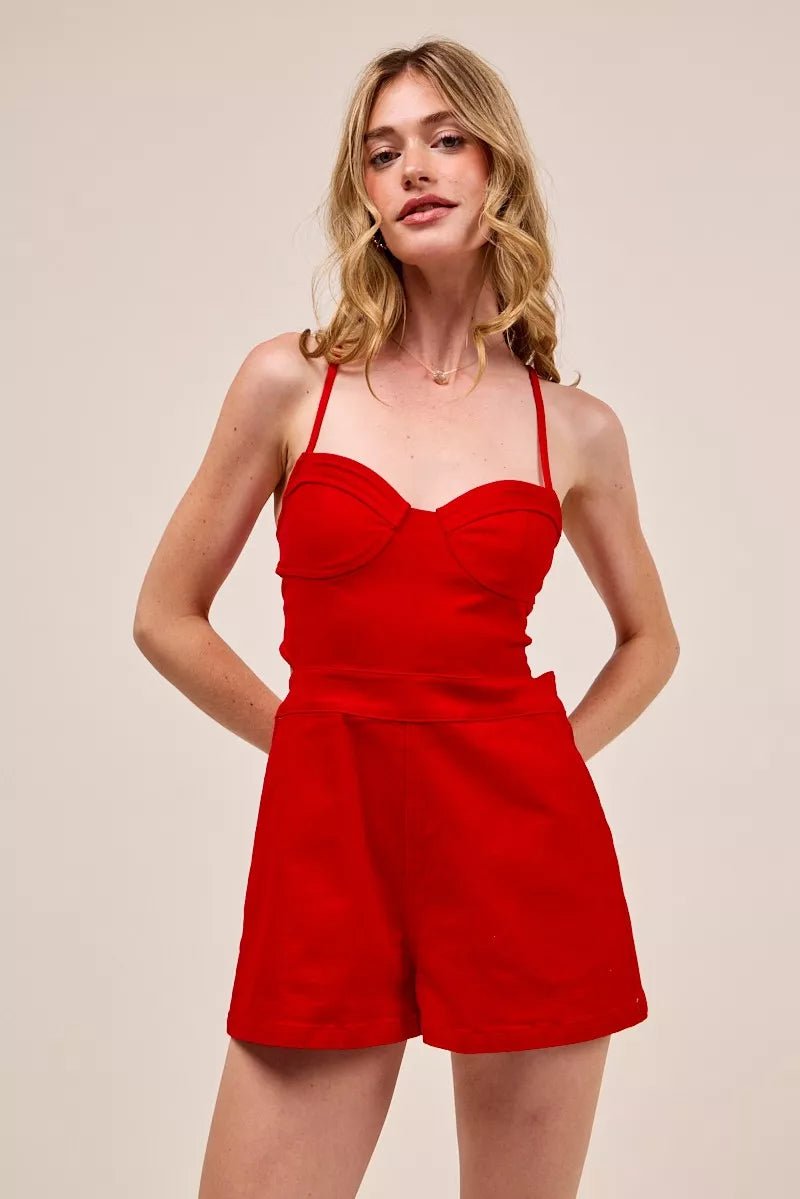 Fitted Open Back Romper with Lace - Up Detail - 