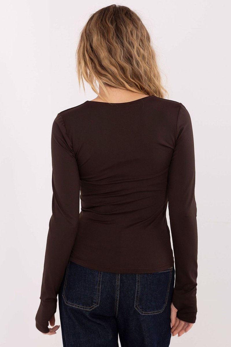 Fitted V - Neck Blouse with Thumb Holes - 