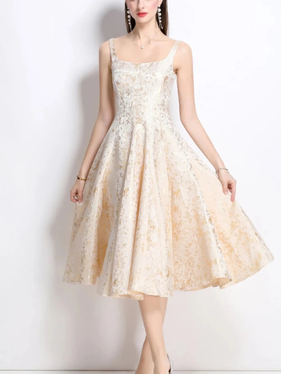 Floral A - Line Sleeveless Midi Dress - 