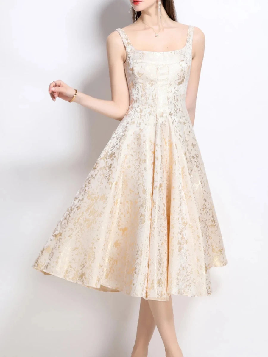 Floral A - Line Sleeveless Midi Dress - 