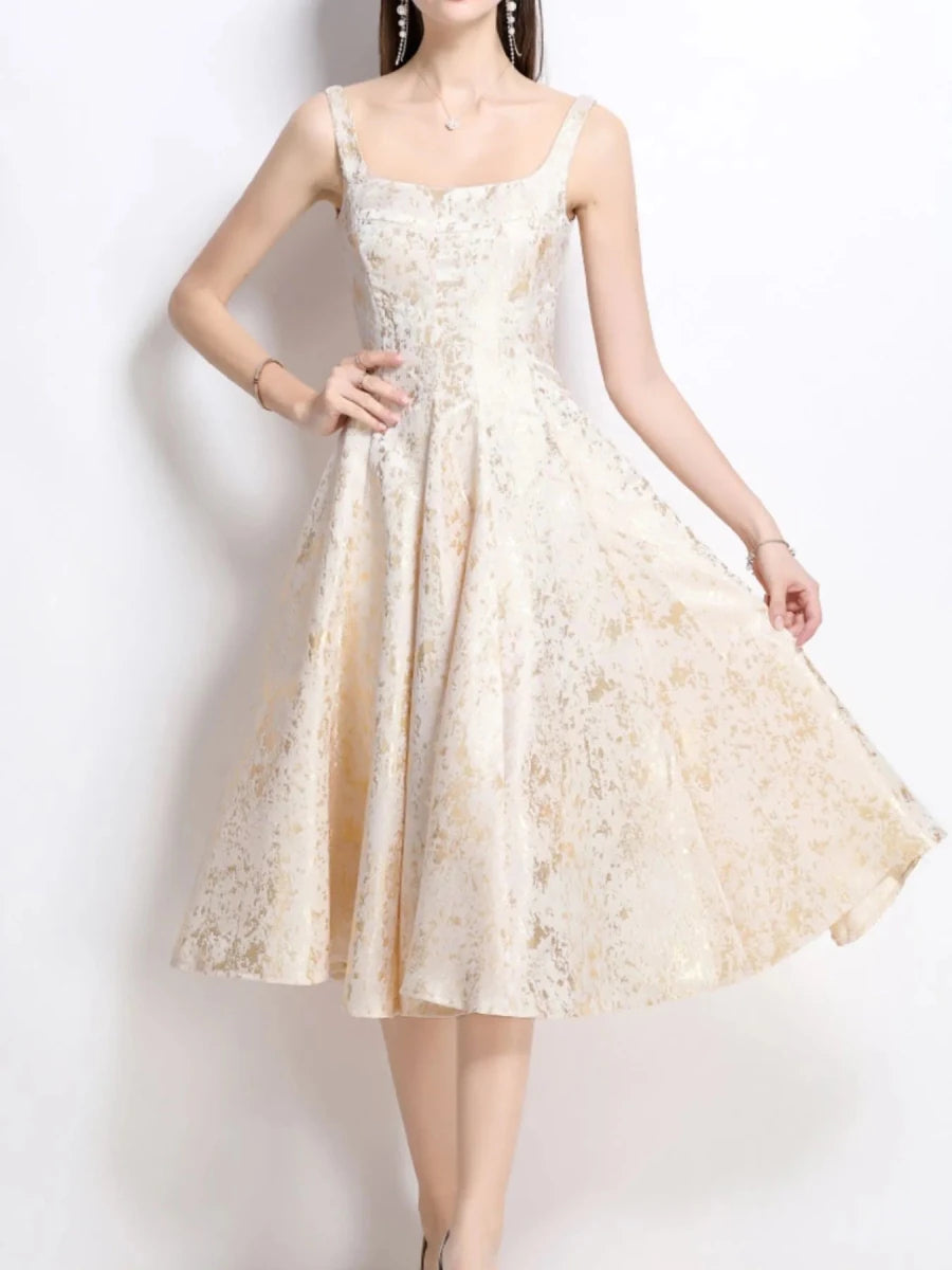 Floral A - Line Sleeveless Midi Dress - 