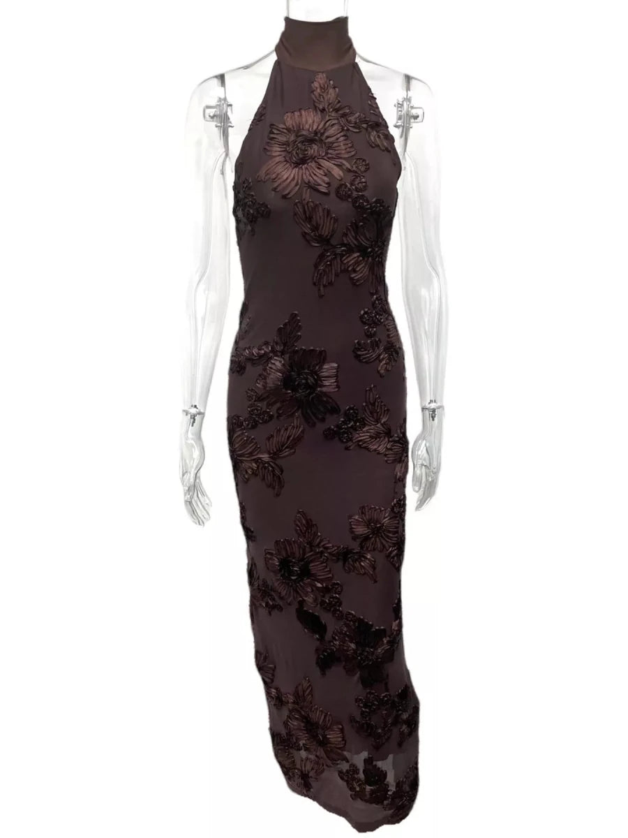 Floral Applique Halter Neck Maxi Dress - 