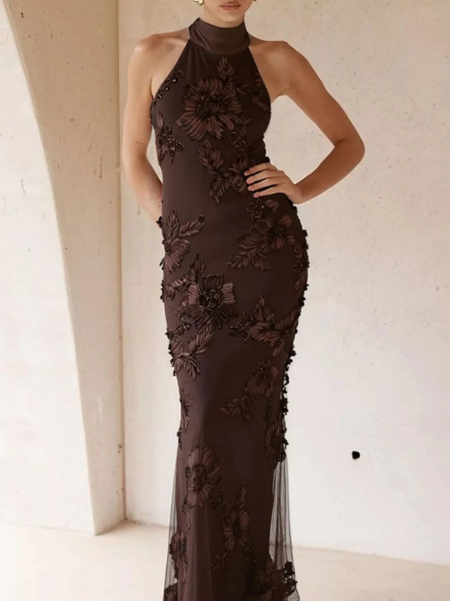 Floral Applique Halter Neck Maxi Dress - 