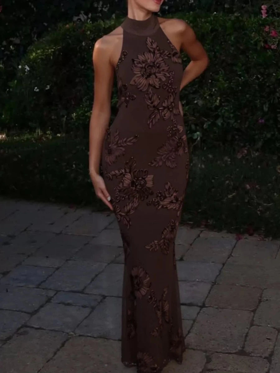 Floral Applique Halter Neck Maxi Dress - 