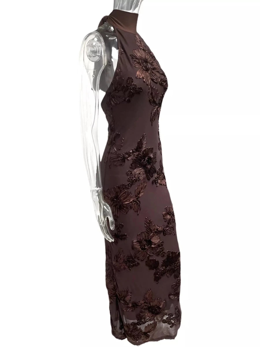 Floral Applique Halter Neck Maxi Dress - 