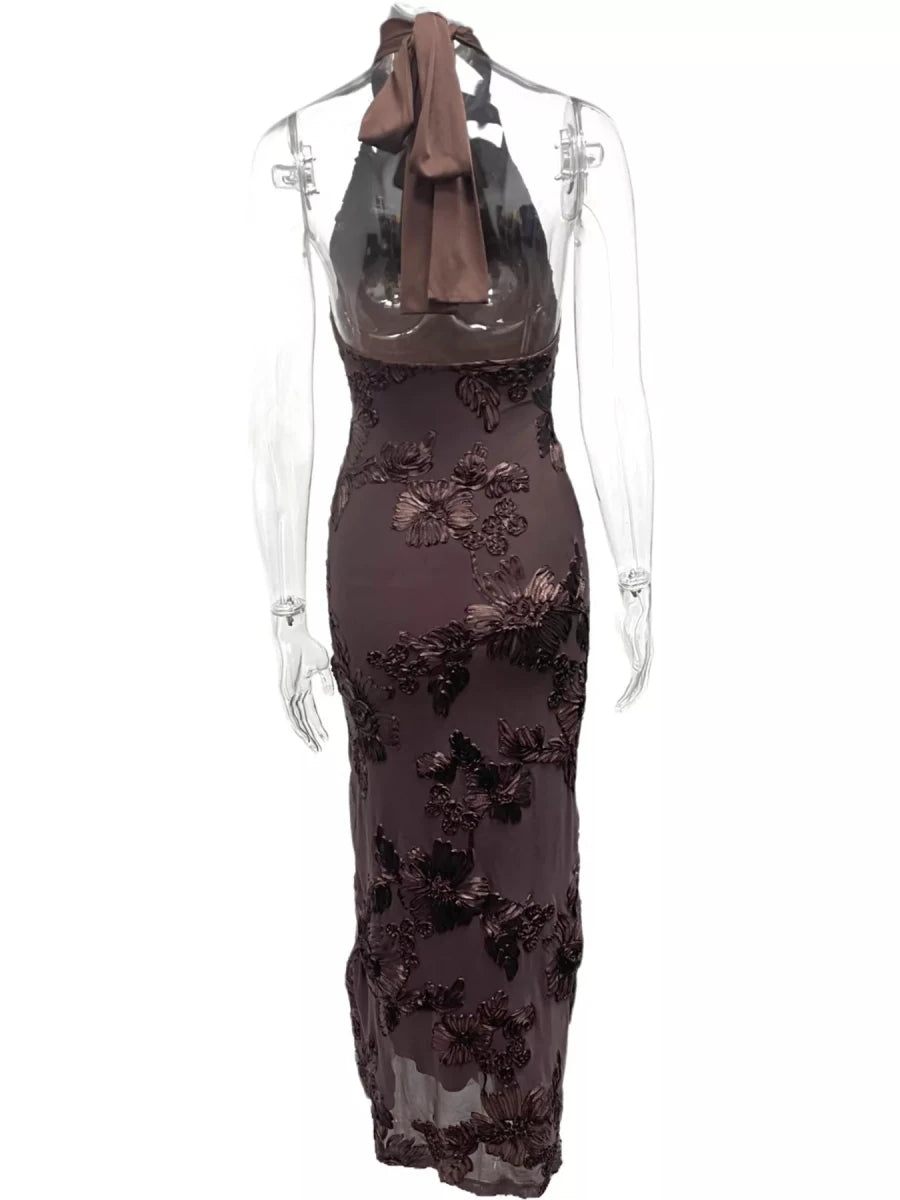 Floral Applique Halter Neck Maxi Dress - 