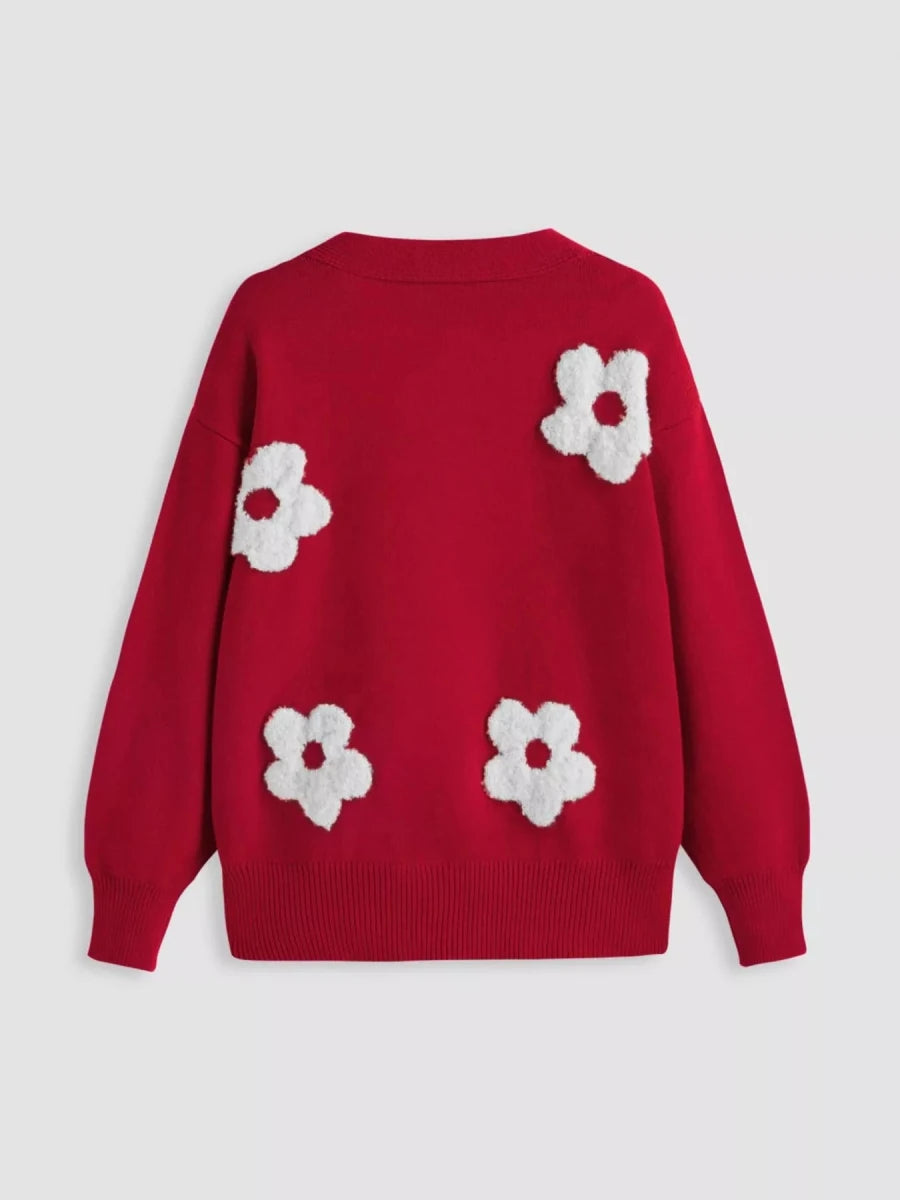 Floral Applique Knit Cardigan with Buttons - 