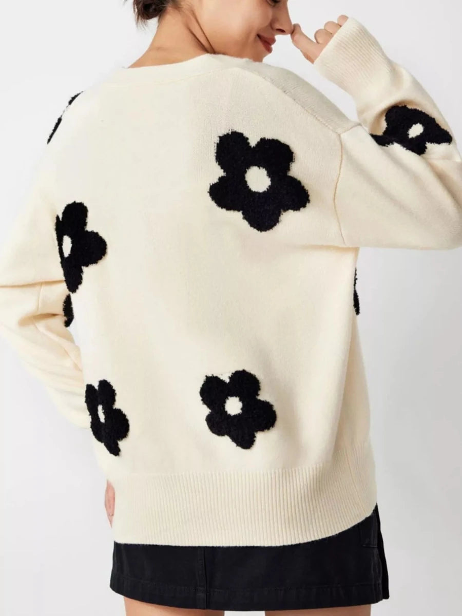 Floral Applique Knit Cardigan with Buttons - 