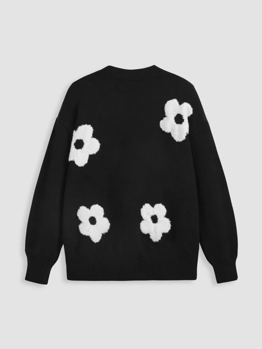 Floral Applique Knit Cardigan with Buttons - 