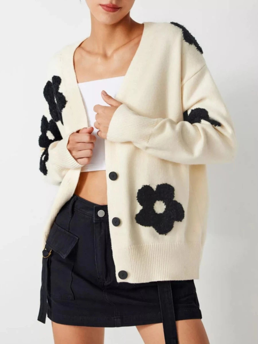 Floral Applique Knit Cardigan with Buttons - 