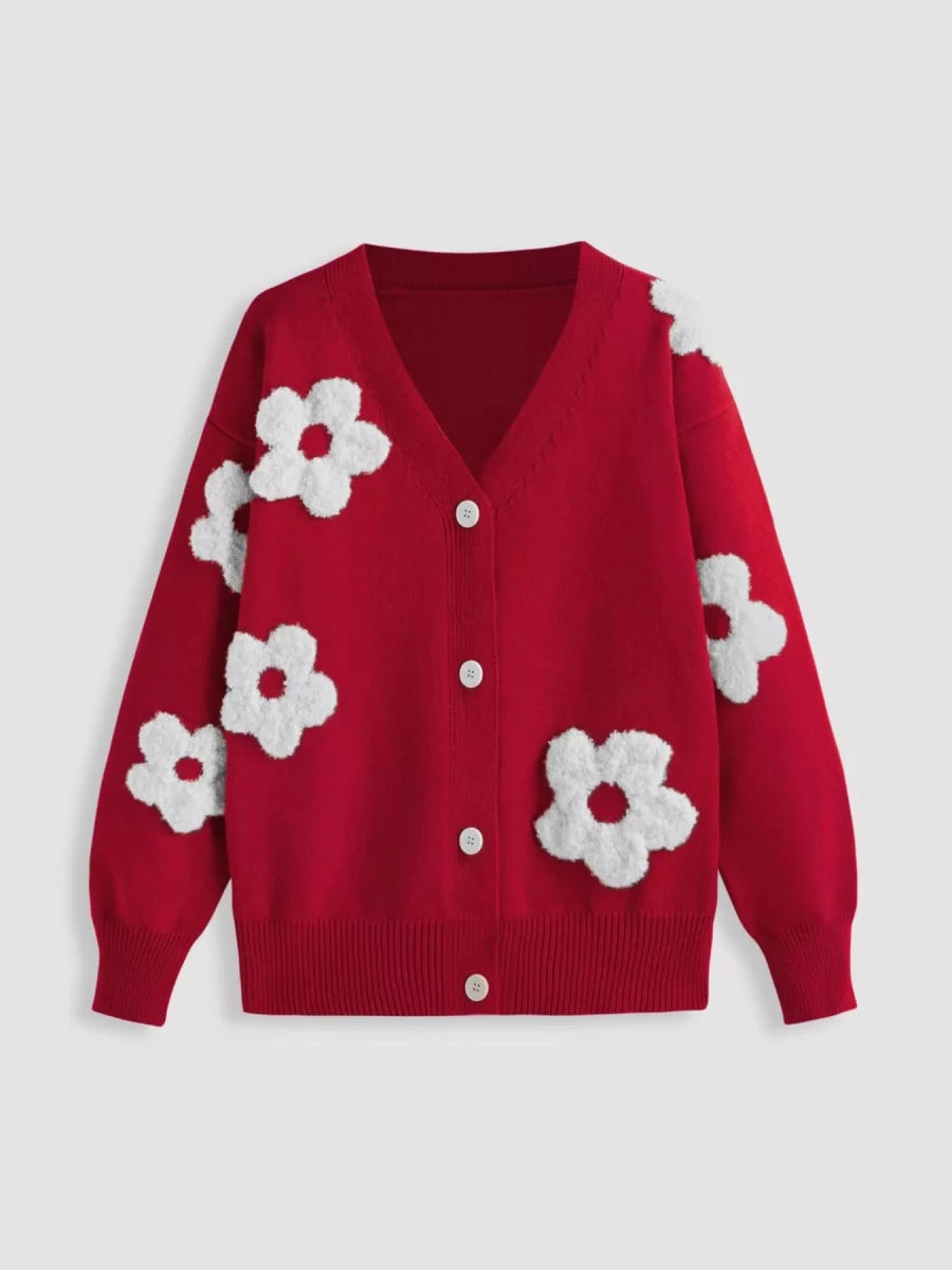 Floral Applique Knit Cardigan with Buttons - 