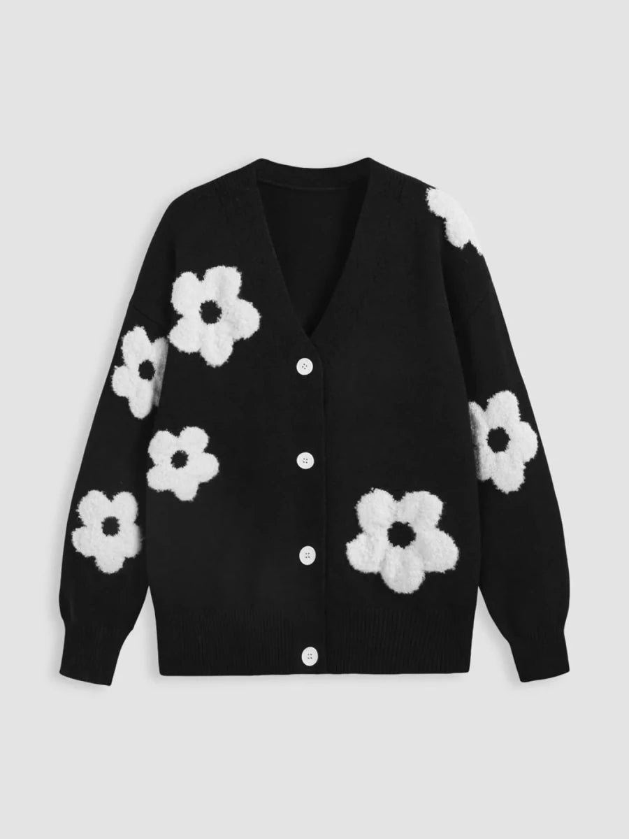 Floral Applique Knit Cardigan with Buttons - 